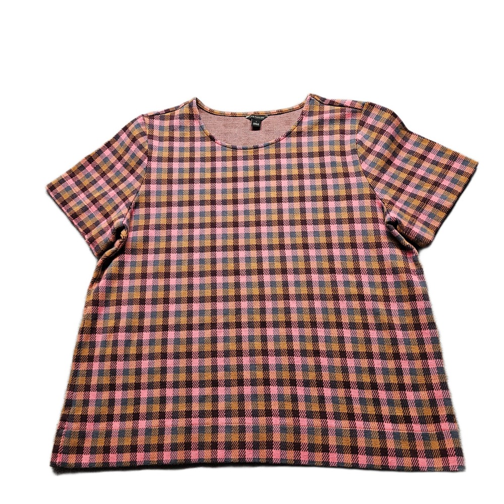Ann Taylor Blouse Top Women Large Pink Brown Plaid Short Sleeve Stretch Pullover